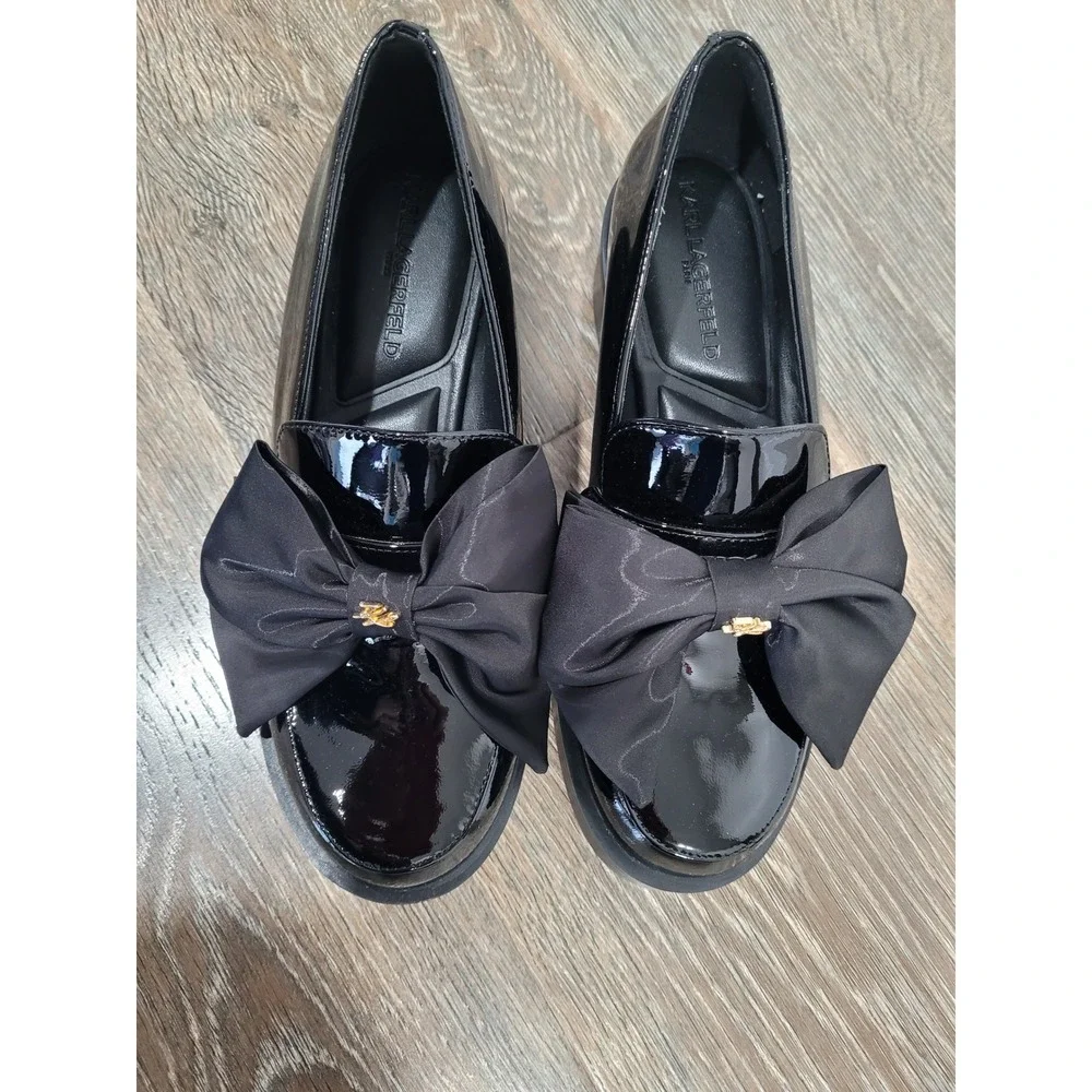 Karl‎ Lagerfeld Paris Camilia Bow Black Patent Leather Loafers Womens Size 7 New
